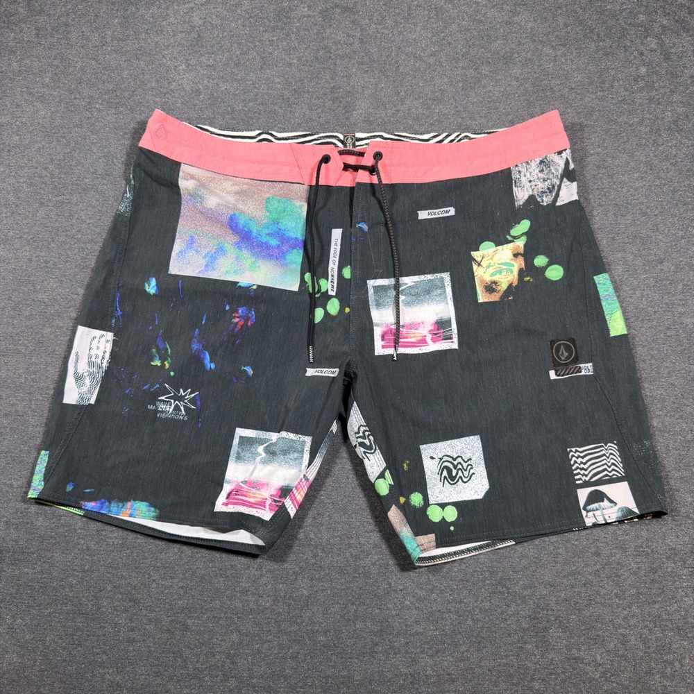 Volcom Board Shorts Mens 40 Black Multi Color Graphic Print Trippy Y2K Surf